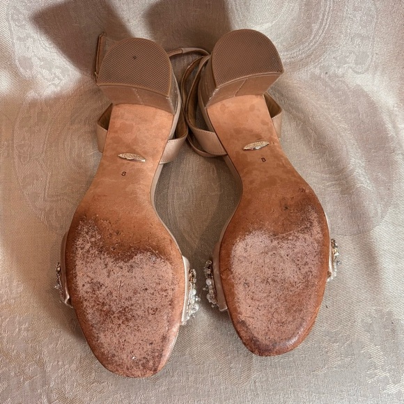 BADGLEY MISCHKA Sz 8 Clara Embellished Pearls Block Heel Ankle Straps Sandals - Picture 15 of 16